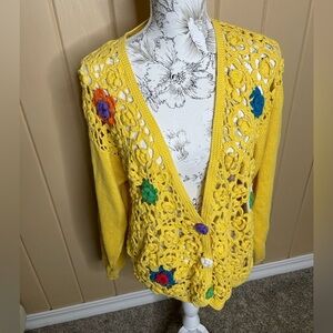 SK Wear Vintage Womens Multicolor Crochet Knit Floral Cardigan Sweater Large